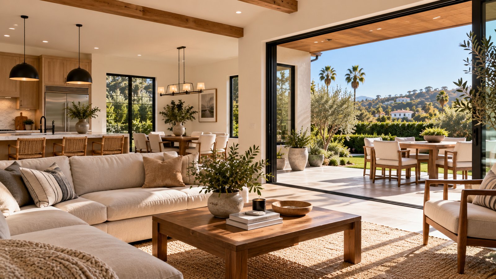 Bright residential living room opening onto a Southern California garden